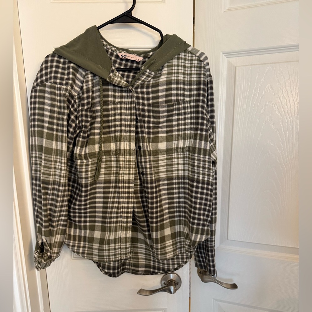 SO button down flannel with hoodie. Women’s medium .